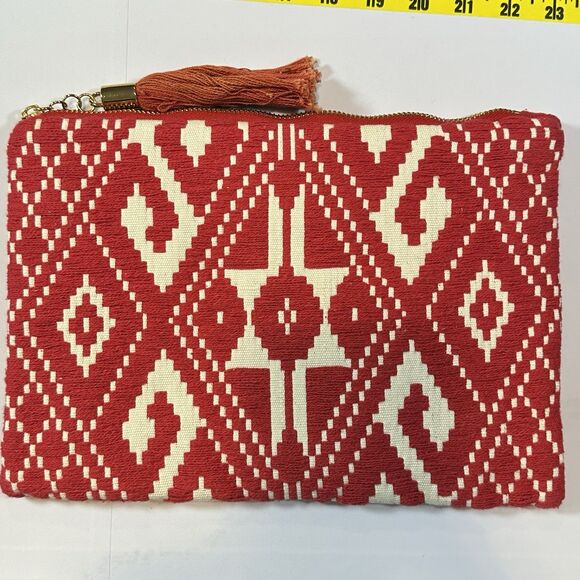 Kookai Red White Geometric Cotton Clutch Bag Boho Tribal Pattern Zip Pouch - Picture 7 of 7
